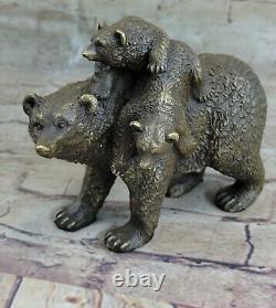 Signée Noir Ours Mère Cub Western Art Bronze Statue Sculpture Décor Figurine