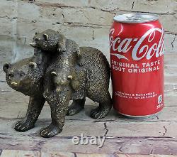 Signée Noir Ours Mère Cub Western Art Bronze Statue Sculpture Décor Figurine