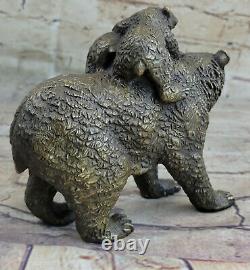 Signée Noir Ours Mère Cub Western Art Bronze Statue Sculpture Décor Figurine