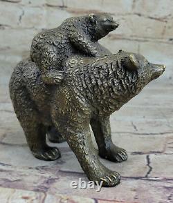 Signée Noir Ours Mère Cub Western Art Bronze Statue Sculpture Décor Figurine