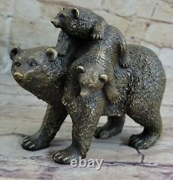 Signée Noir Ours Mère Cub Western Art Bronze Statue Sculpture Décor Figurine