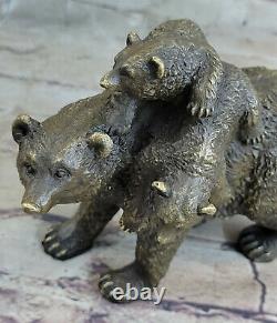 Signée Noir Ours Mère Cub Western Art Bronze Statue Sculpture Décor Figurine