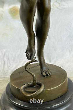Signée Serpent Charmeur Bronze Marbre Sculpture Art Déco Figurine Base Décor