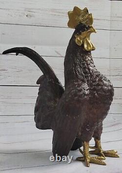 Signée Véritable Bronze Poulet Coq Oiseau Statue Sculpture Art Décor Ferme Barn