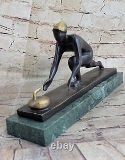 Solide Bronze Glace Curling Sculpture Sport Hiver Statue Art Décor Maison Cadeau