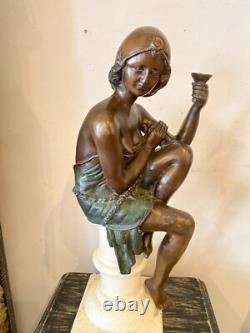 Statiue Femme En Bronze Style Art Déco Sur Socle Pierre Sculpture Début Xxeme