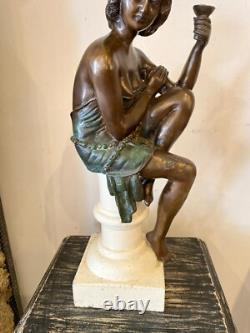 Statiue Femme En Bronze Style Art Déco Sur Socle Pierre Sculpture Début Xxeme