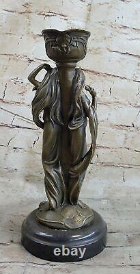 Superbe Art Déco Style Double Sister Bougeoir Bronze Sculpture Par Kassin Art