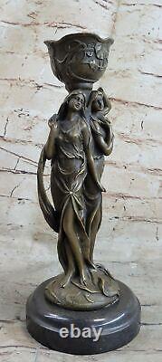 Superbe Art Déco Style Double Sister Bougeoir Bronze Sculpture Par Kassin Art