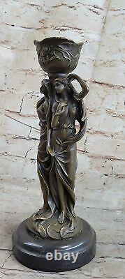 Superbe Art Déco Style Double Sister Bougeoir Bronze Sculpture Par Kassin Art