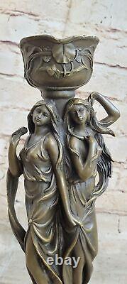 Superbe Art Déco Style Double Sister Bougeoir Bronze Sculpture Par Kassin Art