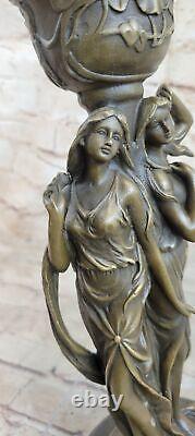 Superbe Art Déco Style Double Sister Bougeoir Bronze Sculpture Par Kassin Art