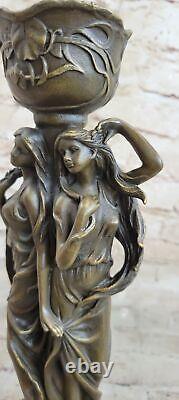 Superbe Art Déco Style Double Sister Bougeoir Bronze Sculpture Par Kassin Art