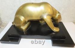 Superbe statue style art déco panthère laiton patine bronze doré sur socle