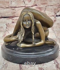 Unique Bronze Marbre Statue Sensuelle Érotique Nu Fille Yoga Exercice Art