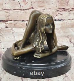 Unique Bronze Marbre Statue Sensuelle Érotique Nu Fille Yoga Exercice Art