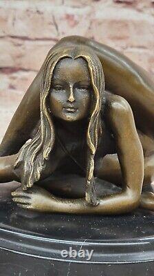 Unique Bronze Marbre Statue Sensuelle Érotique Nu Fille Yoga Exercice Art