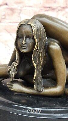 Unique Bronze Marbre Statue Sensuelle Érotique Nu Fille Yoga Exercice Art