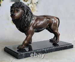 Véritable Bronze Métal Statue Sur Marbre Base Mâle Lion Sculpture Art Déco