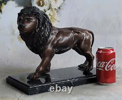 Véritable Bronze Métal Statue Sur Marbre Base Mâle Lion Sculpture Art Déco