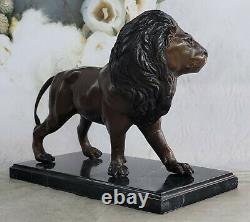 Véritable Bronze Métal Statue Sur Marbre Base Mâle Lion Sculpture Art Déco