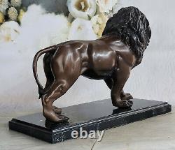 Véritable Bronze Métal Statue Sur Marbre Base Mâle Lion Sculpture Art Déco