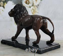 Véritable Bronze Métal Statue Sur Marbre Base Mâle Lion Sculpture Art Déco