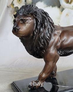 Véritable Bronze Métal Statue Sur Marbre Base Mâle Lion Sculpture Art Déco