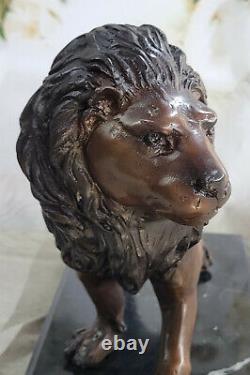 Véritable Bronze Métal Statue Sur Marbre Base Mâle Lion Sculpture Art Déco