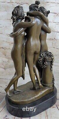 Véritable Bronze Métal Sur Marbre Chair Femme Art Love Graces Sculpture Figurine