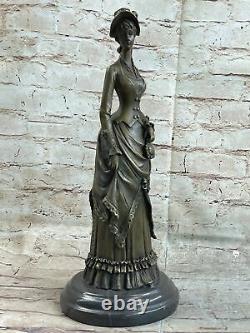 Victorien Lady Signé Sculpture Élégant Art Nouveau Bronze Statue Figurine Déco