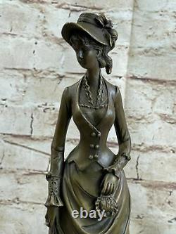 Victorien Lady Signé Sculpture Élégant Art Nouveau Bronze Statue Figurine Déco