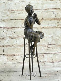 Vintage Bronze Fonte Petit Fille Assis Sur Chaise Sculpture Art Nouveau Deco