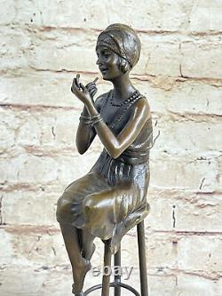 Vintage Bronze Fonte Petit Fille Assis Sur Chaise Sculpture Art Nouveau Deco