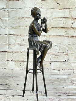 Vintage Bronze Fonte Petit Fille Assis Sur Chaise Sculpture Art Nouveau Deco