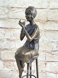 Vintage Bronze Fonte Petit Fille Assis Sur Chaise Sculpture Art Nouveau Solde