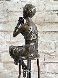 Vintage Bronze Fonte Petit Fille Assis Sur Chaise Sculpture Art Nouveau Solde