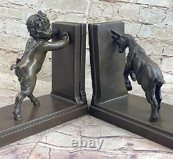 Vintage Bronze Pan Satyre Faune à Jouer Avec Chèvre Sculpture Serre-Livres Art